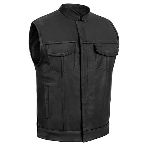 Men's black Daniel Smart Sideon leather motorcycle vest with stand collar and concealed carry pockets.