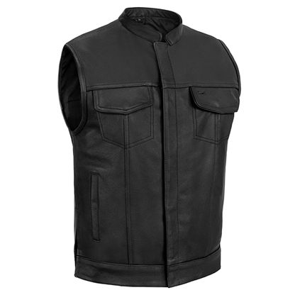 Men's black Daniel Smart Sideon leather motorcycle vest with stand collar and concealed carry pockets.