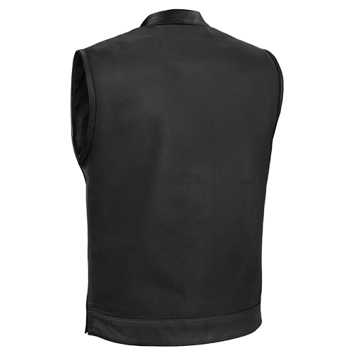 Men's black leather biker vest with stand collar, snap chest pockets, and single-panel back.