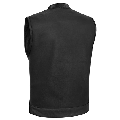 Men's black leather biker vest with stand collar, snap chest pockets, and single-panel back.