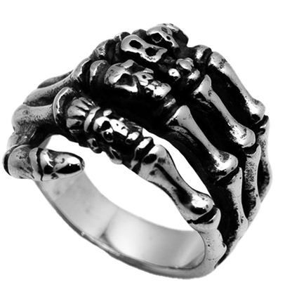 A stainless steel ring featuring a detailed skeleton hand design.