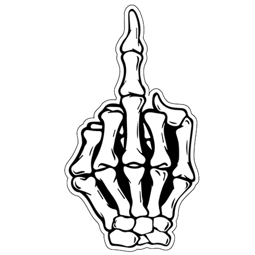 Black and white helmet sticker featuring a skeleton hand giving the middle finger.