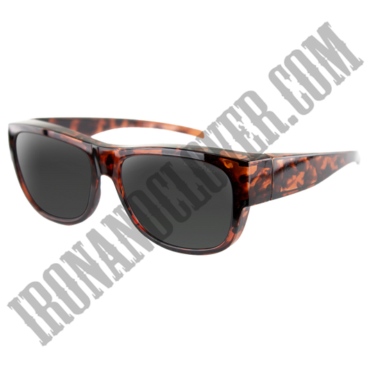 A pair of brown tortoise patterned sunglasses with a gloss finish, designed to be worn over prescription glasses.