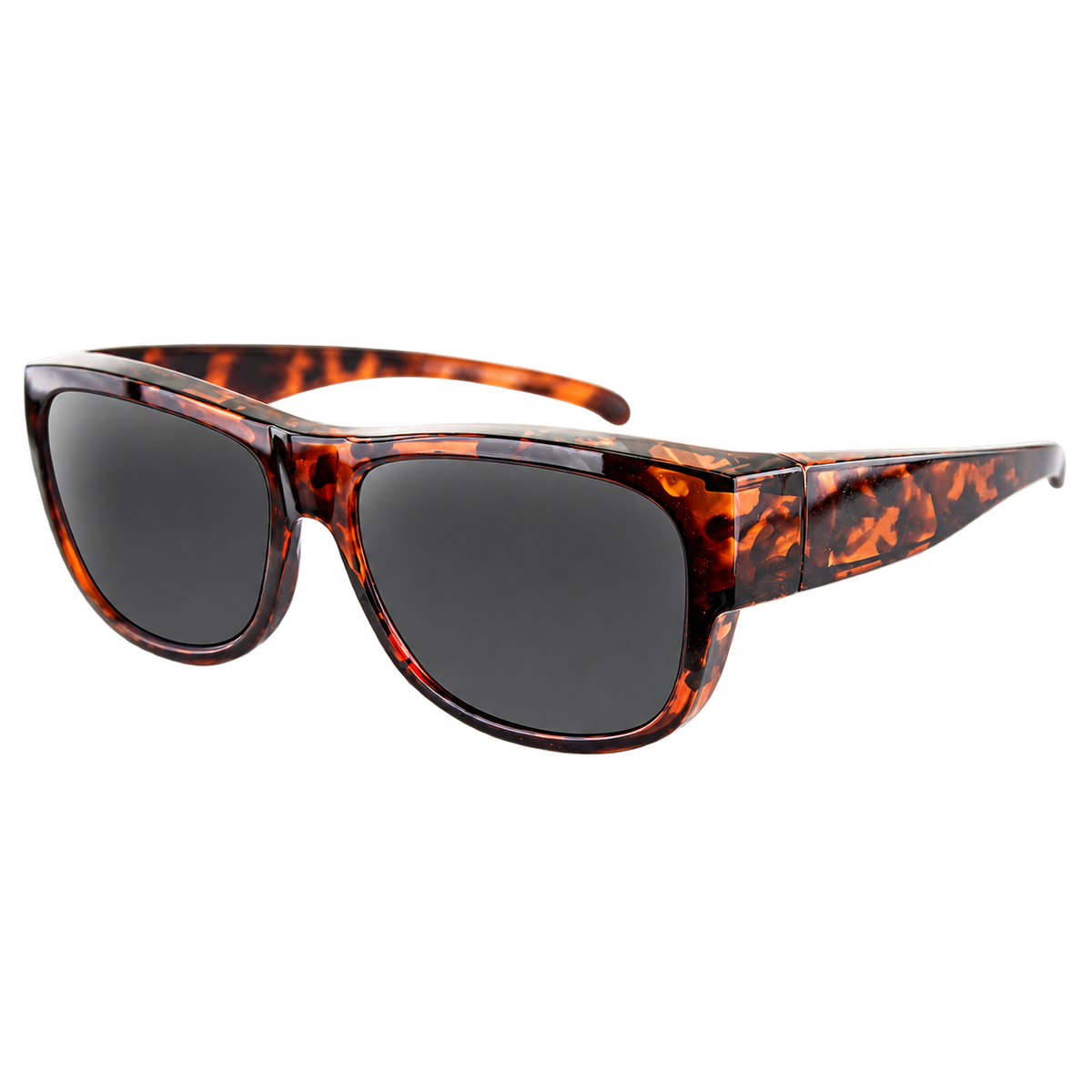 Tortoiseshell sunglasses with dark gray lenses, shown at a three-quarter angle