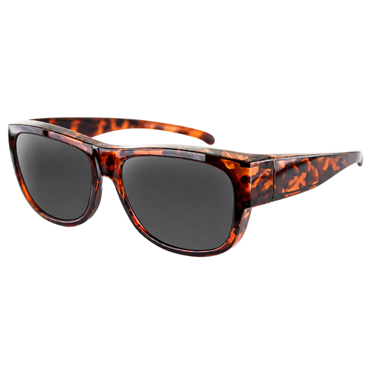 Tortoiseshell sunglasses with dark gray lenses, shown at a three-quarter angle