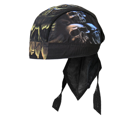 A black headwrap with a vivid skull design, featuring a mesh lining and Sewn-In Sweatband.