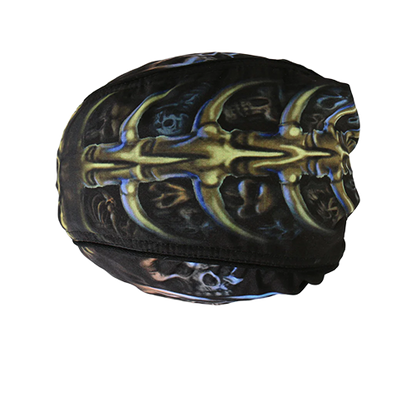Black skull cap with gold and blue skeleton design.