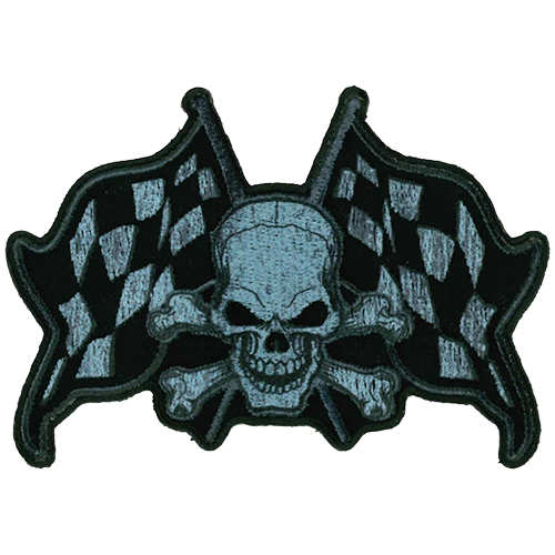 Black and gray reflective skull patch with checkered flags for motorcycle vest visibility at night