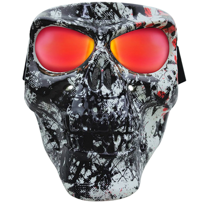 A full-face skull mask with a star pattern and red coating on the lenses