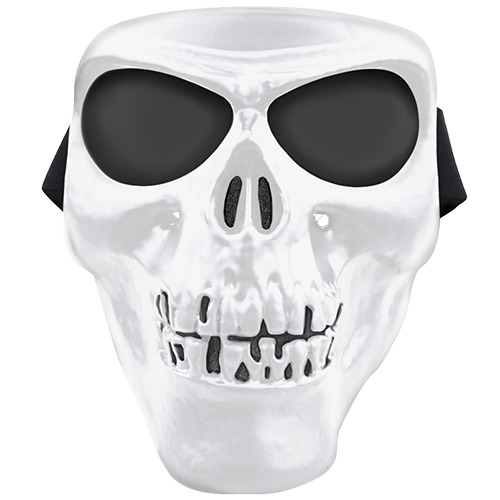 A white full-face mask with a skull design and smoke lens