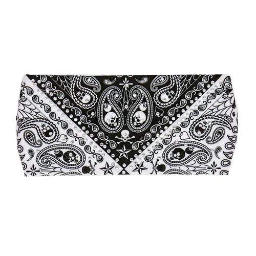Black and white skull paisley rhinestone headband wrap with bandana style design