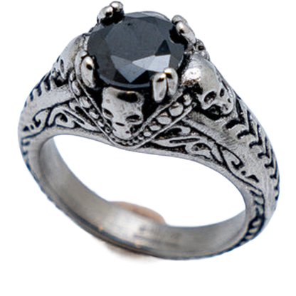 A stainless steel ring with a black cubic zirconia center stone and skull motifs on the band.