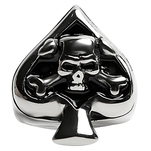 Close-up of polished skull signet ring featuring ace of spades symbol