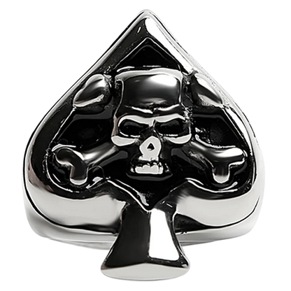 Close-up of polished skull signet ring featuring ace of spades symbol