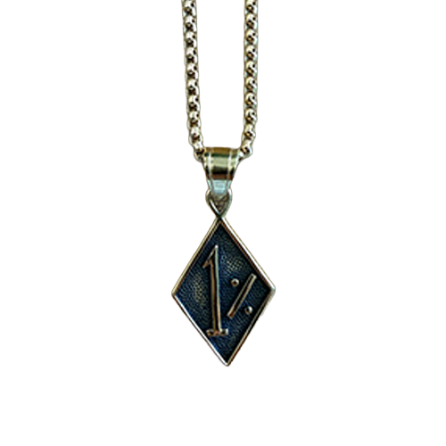 Gold-tone 1%er biker necklace with diamond-shaped 1% pendant.