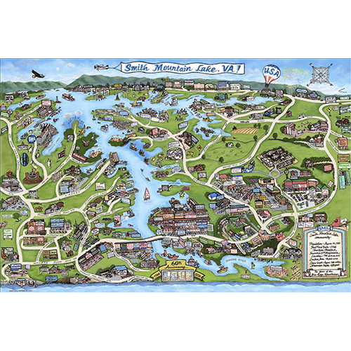 A colorful illustrated map poster of Smith Mountain Lake, Virginia, featuring whimsical cartoon-style drawings of roads, buildings, boats, birds, and local landmarks on a white background.