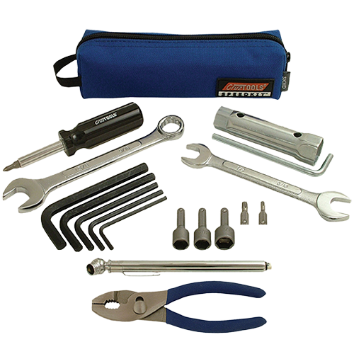 Compact motorcycle tool kit in zipper pouch with wrenches, screwdriver, and pliers for Harley riders