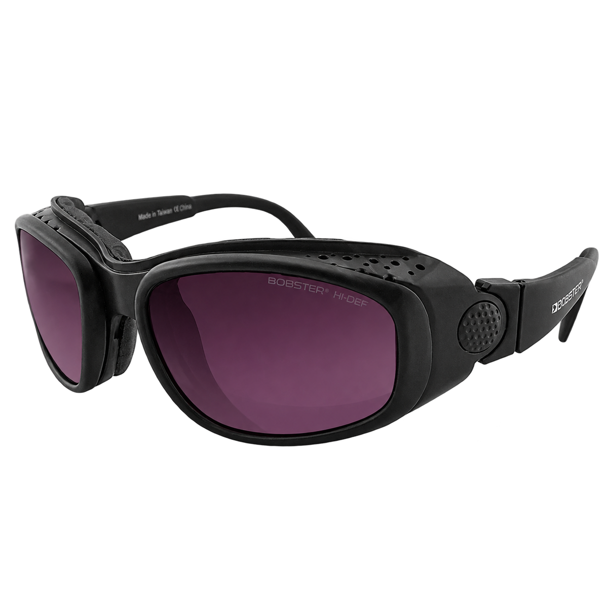 Black sunglasses with tinted purple lenses, shown from a three-quarters angle.
