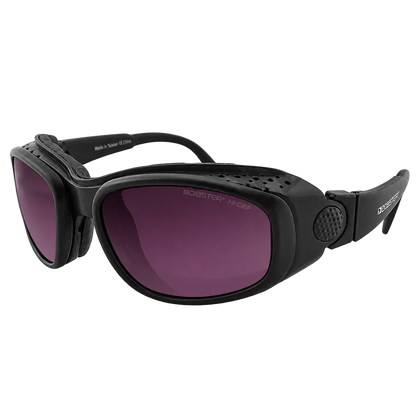 Black sunglasses with tinted purple lenses, shown from a three-quarters angle.