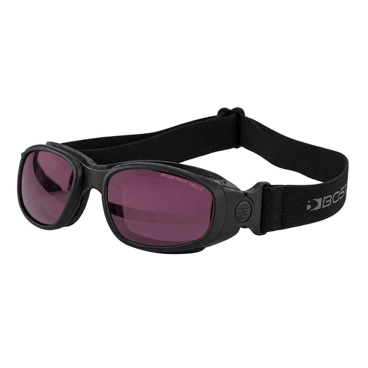 Black sport sunglasses with a wide adjustable strap and dark tinted lenses