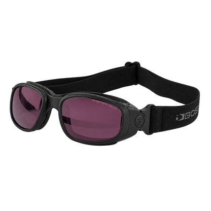 Black sport sunglasses with a wide adjustable strap and dark tinted lenses
