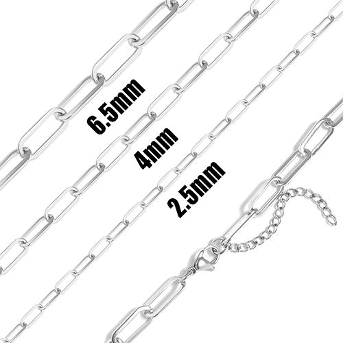 Silver chain necklace with three different width options labeled on a white background