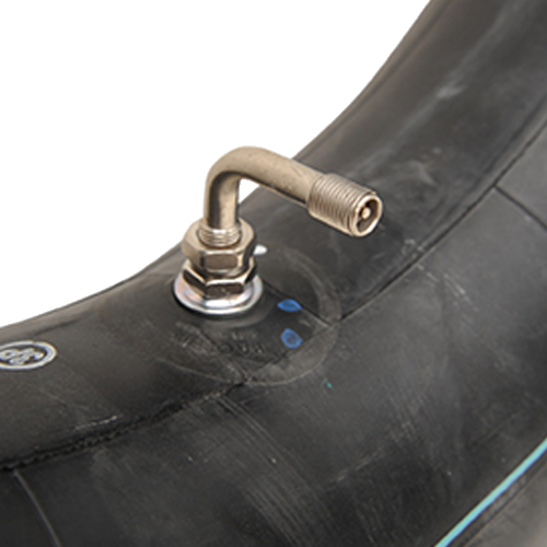 Black 100% butyl inner tube featuring a center metal valve stem bent at 90 degrees.