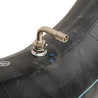 Black 100% butyl inner tube featuring a center metal valve stem bent at 90 degrees.