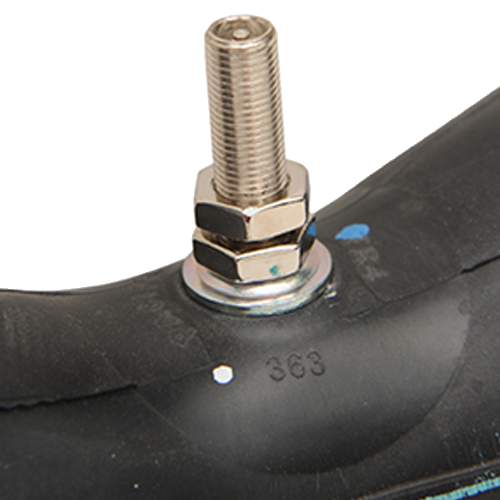 Black 100% butyl inner tube featuring a threaded center metal valve stem.