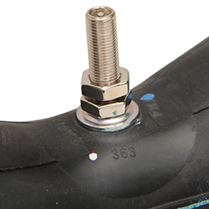 Black 100% butyl inner tube featuring a threaded center metal valve stem.