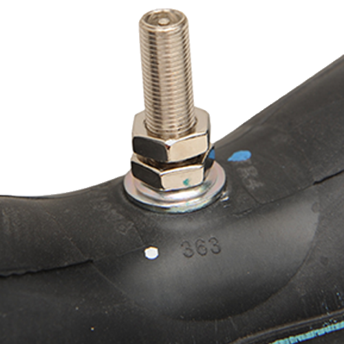 Black motorcycle tube featuring a round-base TR-4 metal valve stem.