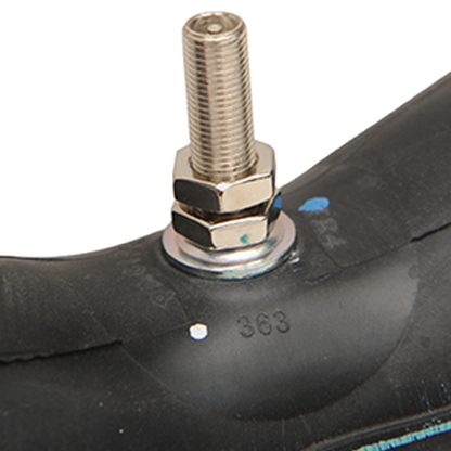 Black motorcycle tube featuring a round-base TR-4 metal valve stem.