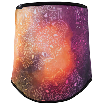 A neck gaiter with a mandala design in shades of purple, peach, and white, featuring intricate star patterns.