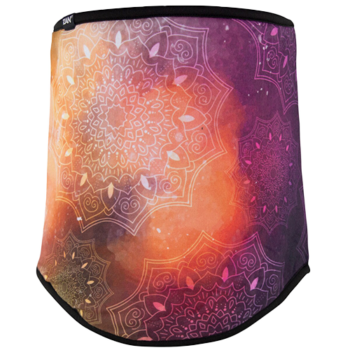 A neck gaiter with a mandala design in shades of purple, peach, and white, featuring intricate star patterns.