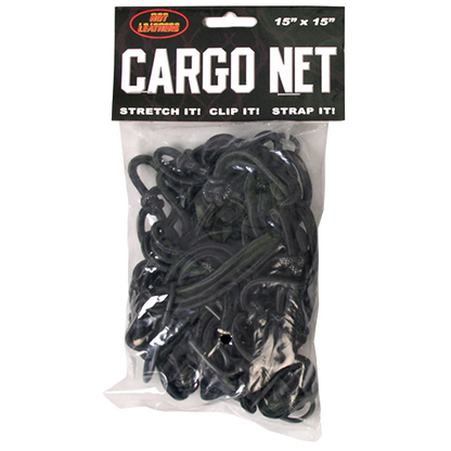 Packaged cargo net with black hooks.