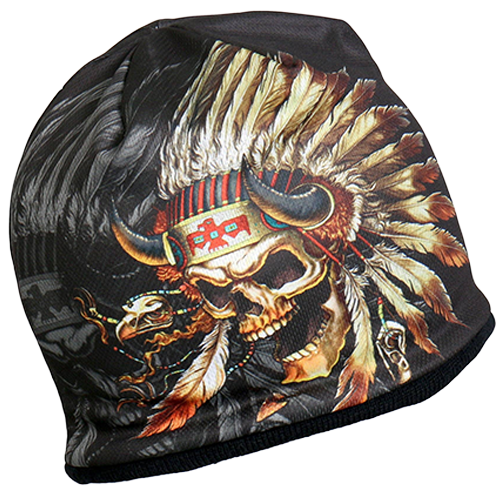 Black beanie with a skull and feather design.