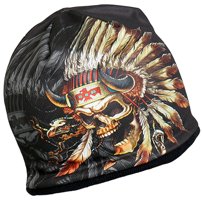 Black beanie with a skull and feather design.