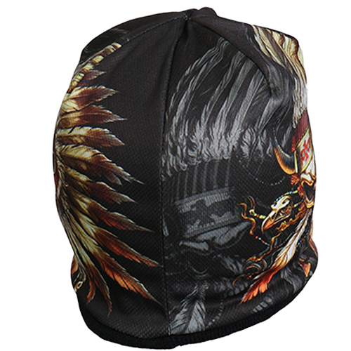 Black Biker Beanie With Skull And Feathers