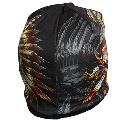 Black Biker Beanie With Skull And Feathers