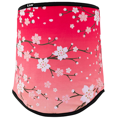 A fleece lined neck gaiter with a floral design, predominantly pink with white flowers.