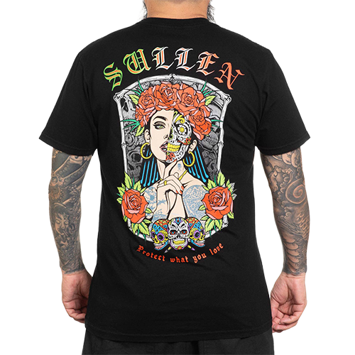 Day of the Dead sugar skull artwork on black tee
