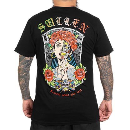 Day of the Dead sugar skull artwork on black tee
