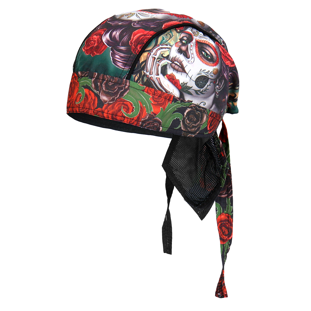 A headwrap with a colorful floral and skull pattern.