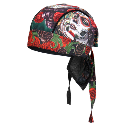 A headwrap with a colorful floral and skull pattern.