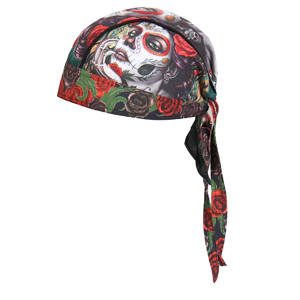 Motorcycle Headwrap With Sugar Woman Skull Design Side View