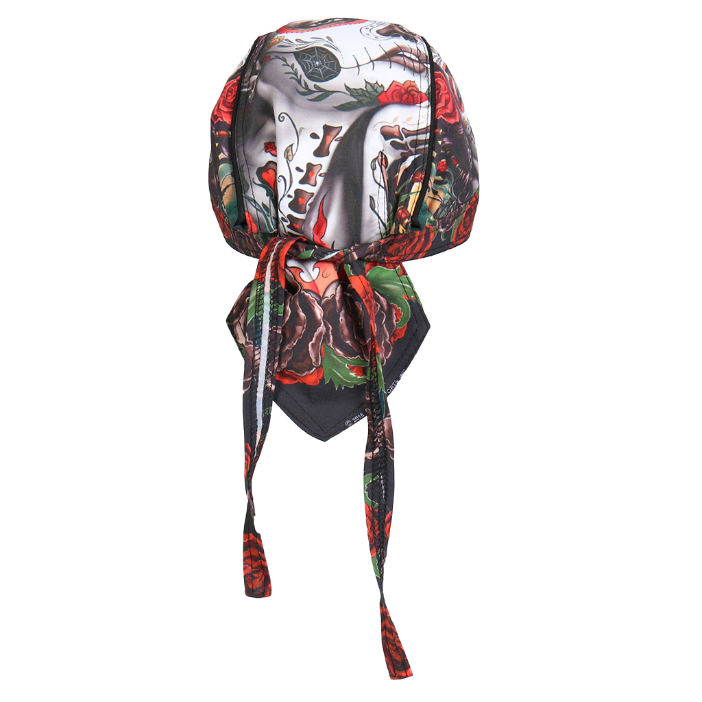 Motorcycle Headwrap With Sugar Woman Skull Design Back View