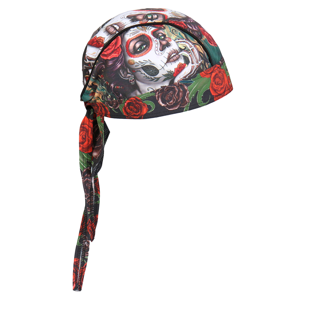 Motorcycle Headwrap With Sugar Woman Skull Design Side View