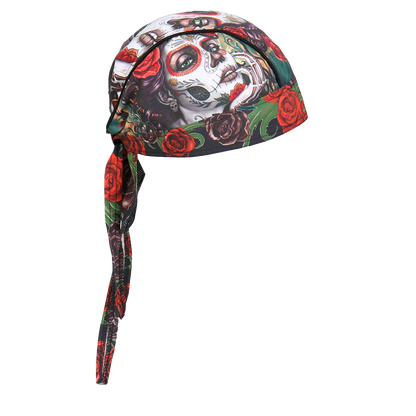 Motorcycle Headwrap With Sugar Woman Skull Design Side View