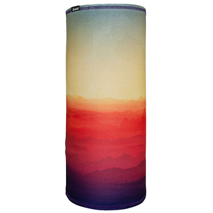 A cylindrical tube headgear with a gradient of purple to red mountains against a blue sky background, representing a sunset.