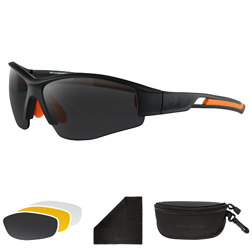 A pair of Swift sunglasses with interchangeable lenses, shown with three different lens options: smoked, yellow, and clear. The sunglasses have a black frame and the lenses are designed for outdoor use.